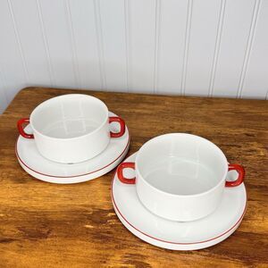 2 RARE Vintage Melitta Friesland Germany Soup Mug Plate Handle Life 5112 Red MCM